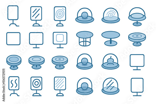 Stylized futuristic UI icons with domes, displays, and sci-fi consoles