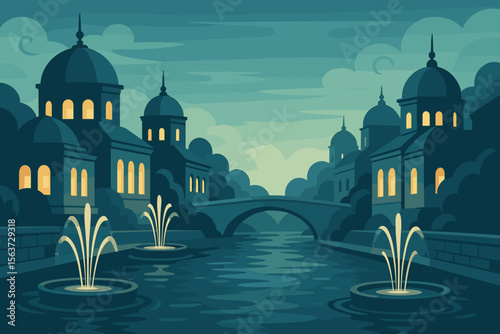 Peaceful vector illustration of a riverside palace scene at night