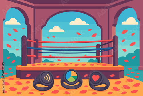 Stylized vector scene of a ring stage with three smart rings and falling petals