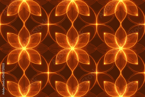 Seamless glowing floral pattern with radiant orange petals and symmetry