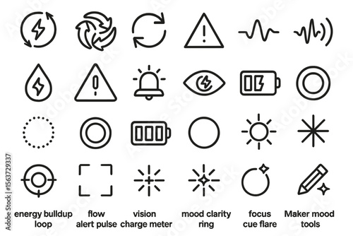 Black outlined vector icon set for energy, mood, and creative tools