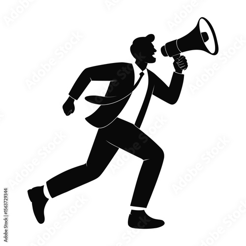 Black Silhouette Running Businessman Holding Megaphone Announcing News announcement
