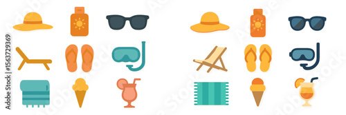 Collection of summer beach items including sunglasses, hats, and drinks for a relaxing day by the sea