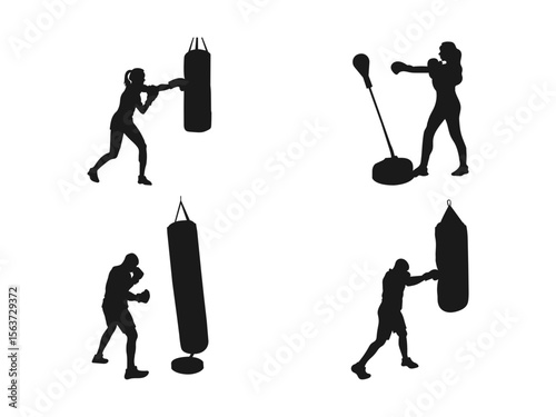 Silhouette of a boxer hitting a punching bag. boxing sport, fighter. Silhouette of a fighter athlete. Silhouettes of boxers training with punching bags.