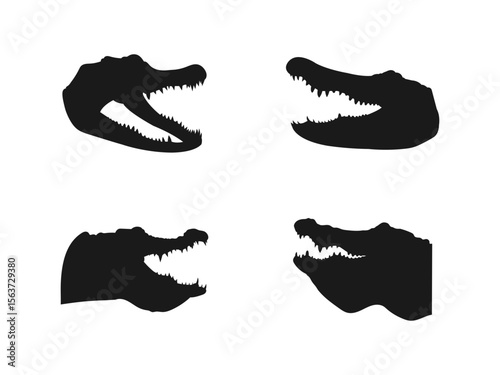 Alligator Head Icon Gator Crocodile Reptile Open Mouth Jaw Vector. Alligator Head Silhouettes Showing Different Angles. Crocodile silhouette vector art white background.