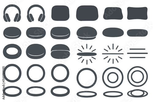 Set of minimalist icons for comfort and sound systems, featuring headphones, pillows, and circular designs.