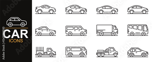 Collection of sleek car icons, from hatchbacks to vans, for automotive or driving-related branding needs.