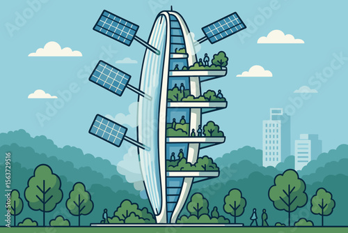 Illustration of a futuristic green skyscraper with solar panels and lush terraces.
