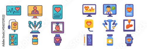 Innovative medical technology icons showcasing health monitoring and treatment methods in digital healthcare