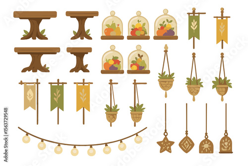 Soft-toned fall decor set with fruits, banners, lights, and planters