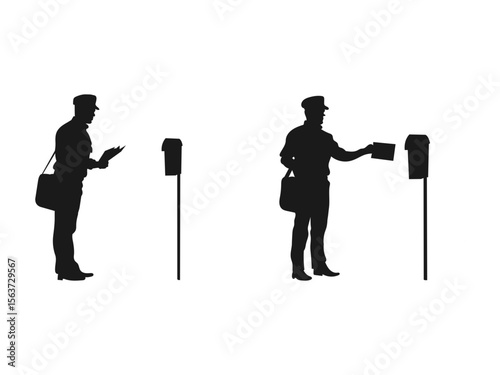 Postman symbol, black isolated silhouette. Post box icon in trendy silhouette. Silhouette of Postmen in Various Actions.