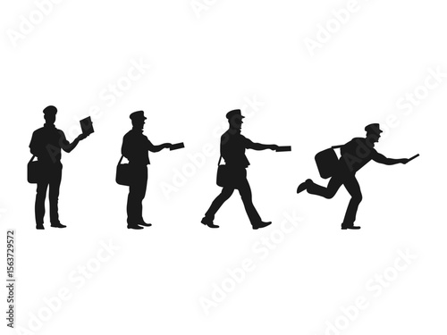 Postman symbol, black isolated silhouette. Post box icon in trendy silhouette. Silhouette of Postmen in Various Actions.