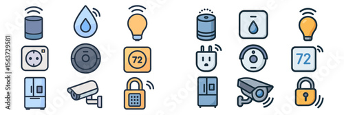 Smart home devices and icons displayed in a modern layout showcasing connectivity and control options for convenience