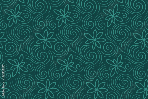 Seamless floral swirl pattern with teal lines on dark green background