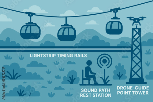 Futuristic landscape with ropeway pods and smart mobility infrastructure