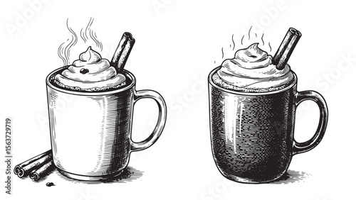 Engraved mug of hot chocolate with cream topping in vintage black line drawing style