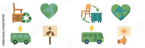 Sustainable practices illustrated with symbols of recycling, eco-friendly transportation, and community involvement