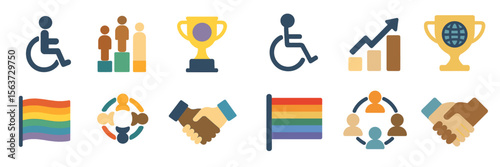 Diverse icons representing inclusion, achievement, and community for accessibility and LGBTQ+ initiatives