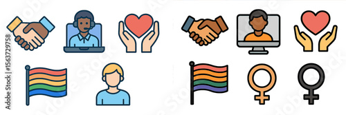 Diverse symbols of cooperation, care, and LGBTQ+ pride illustrated through various icons during a collaborative event