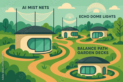 Modern eco homes with AI mist nets and curved garden paths