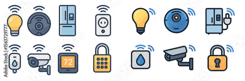 Smart home devices including lights, security cameras, and appliances connected through wireless technology in an organized layout