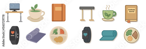 Collection of wellness and productivity icons representing a healthy lifestyle and daily routine elements in a simple layout