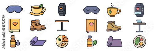 Collection of wellness and relaxation icons including tea, yoga mats, and self-care essentials for a mindful lifestyle