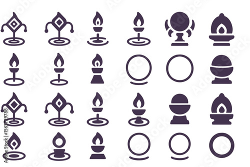 Set of purple glowing flame and pedestal icons with mystical shapes