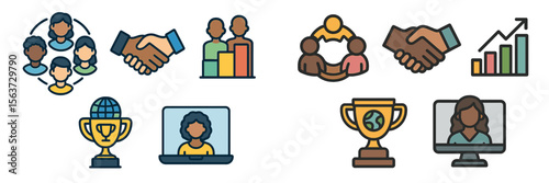 Business collaboration icons representing teamwork, partnership, and global connectivity in a digital landscape