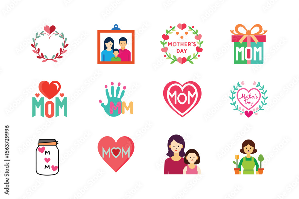 Fototapeta premium A set of mothers day items Decorative heart wreath photo frame floral gifts handmade card and jar of love notes for Mother's Day celebration Vector illustration on white background
