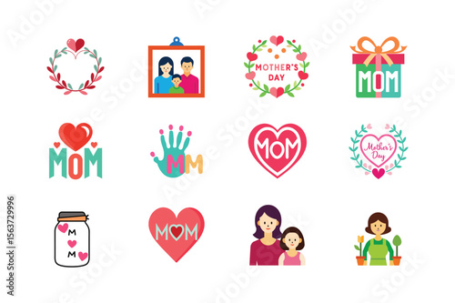 A set of mothers day items Decorative heart wreath photo frame floral gifts handmade card and jar of love notes for Mother's Day celebration Vector illustration on white background