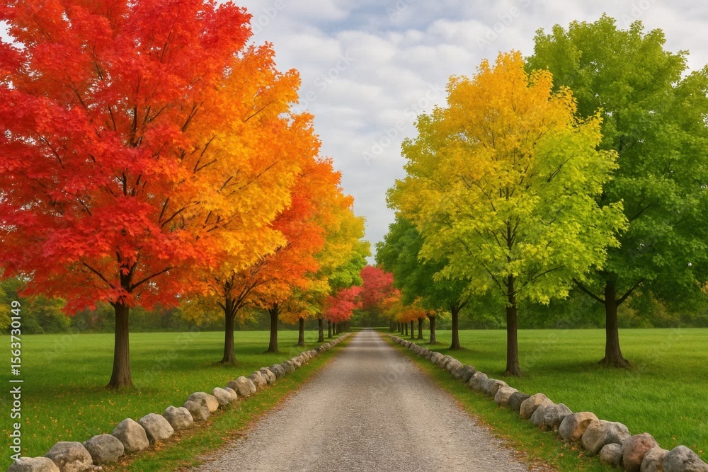 Naklejka premium A dirt road lined with colorful trees in a field