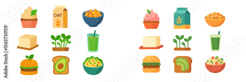 Creative assortment of plant-based foods displayed in an artistic arrangement focused on healthy eating and sustainability