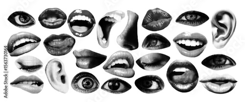 Trendy halftone lips, eyes, nose and mouth art collage cut outs set. Torn grunge paper sticker. Modern retro mixed media vector illustration.