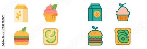 Colorful icons of food items including desserts, beverages, and sandwiches showcasing a variety of culinary delights