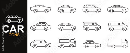 Simple and clean vehicle icons, showcasing different types of cars, including SUVs and sedans for design use.