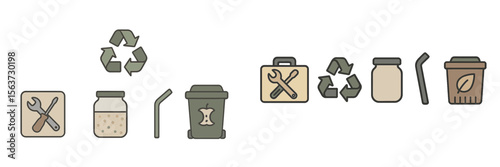 Illustrations of recycling symbols and sustainable practices for waste reduction and environmental awareness