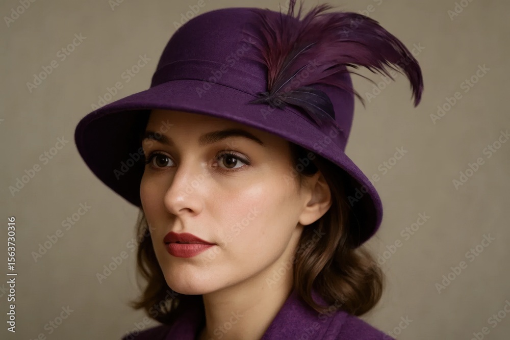 A woman wearing a purple hat with a feather on it A woman wearing a purple hat with a feather on it