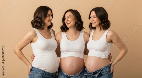 Three pregnant women posing together smiling