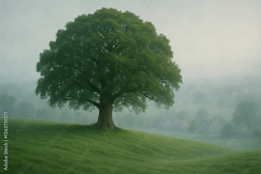 Fototapeta premium A lone tree in the middle of a foggy field