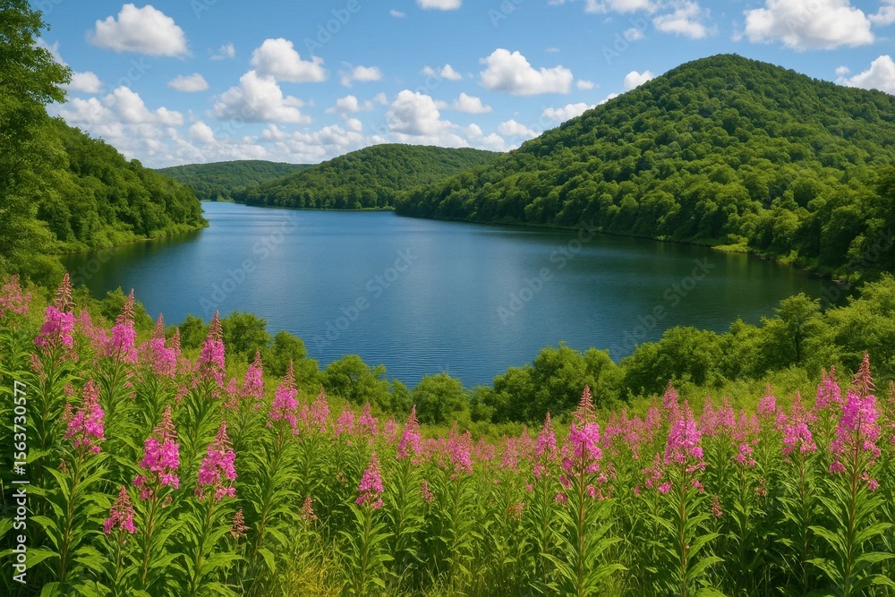 Naklejka premium A large body of water surrounded by trees and flowers