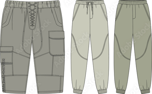 Cargo jogger pants vector sketch, stylish men’s casualwear, technical flat fashion template, trendy laced design, elastic cuffed active trousers. flat vector illustration