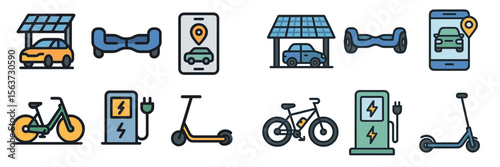 Modern transportation icons showcasing electric vehicles and charging options in a digital and eco-friendly context