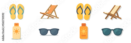 Summer beach essentials including flip flops, chairs, and sunscreen for a fun day under the sun