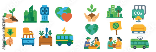 Environmental sustainability icons representing eco-friendly activities and practices in urban settings for community awareness