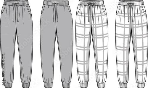 Fashion flat sketch jogger pants, plaid and solid design, technical vector template for activewear, loungewear, stylish casual men clothing. flat vector illustration