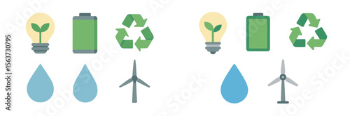 Symbols representing renewable energy sources and sustainability practices in a simple design layout