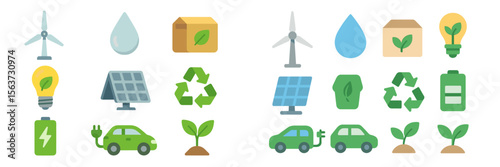 Icons depicting renewable energy sources and eco-friendly transportation in a green theme