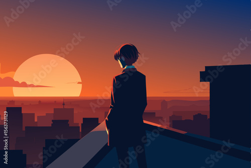 silhouette of business woman at sunset
