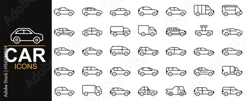 Minimalistic car icons in black and white, ideal for mobile apps, websites, and transport-related projects.